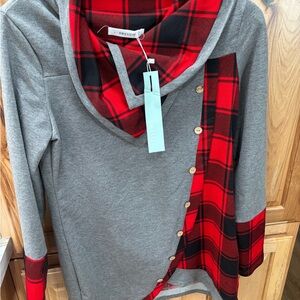 Gray and Red Plaid Cowl Neck Top women’s shirt long sleeve tee